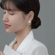 gold simulated pearl stud earrings, view 3 - MRSLM