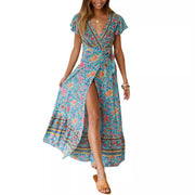 v-neck split bohemian print dress, view 5 - MRSLM