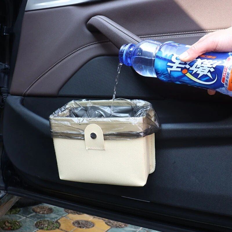 Luxury Leather Car Trash Bag with Organizer