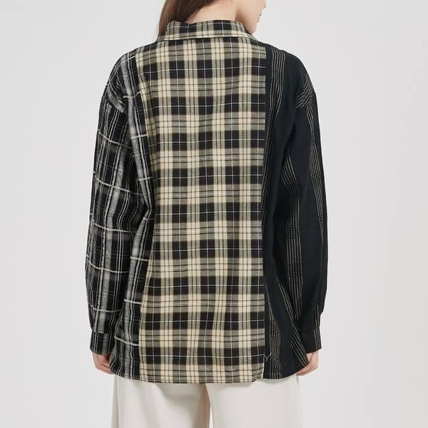plaid patchwork button-up shirt, view 7 - MRSLM