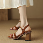 open toe leather sandals with chunky heel, view 4 - MRSLM