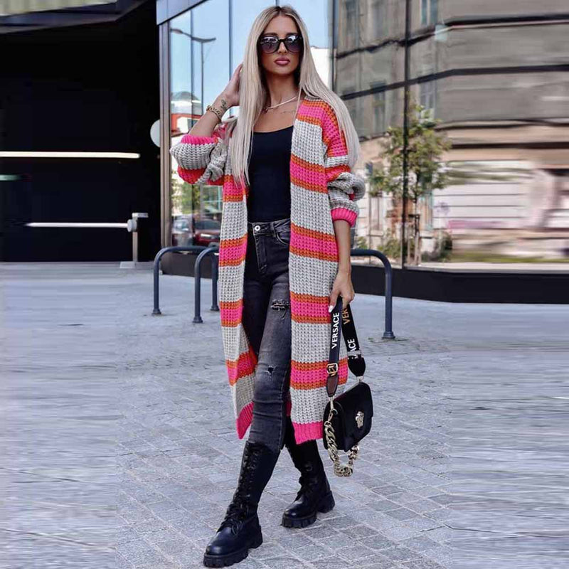 striped color block baggy knit cardigan coat - MRSLM