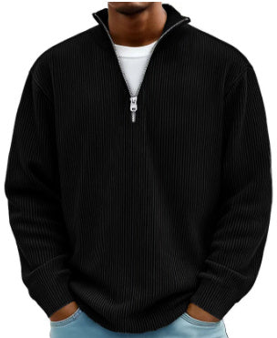 Corduroy Zipper Stand Collar Sweatshirt Fashion Warm Solid Color Long Sleeve Top Men&