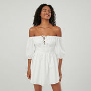 off-shoulder mini A-line dress with puff sleeves, view 7 - MRSLM