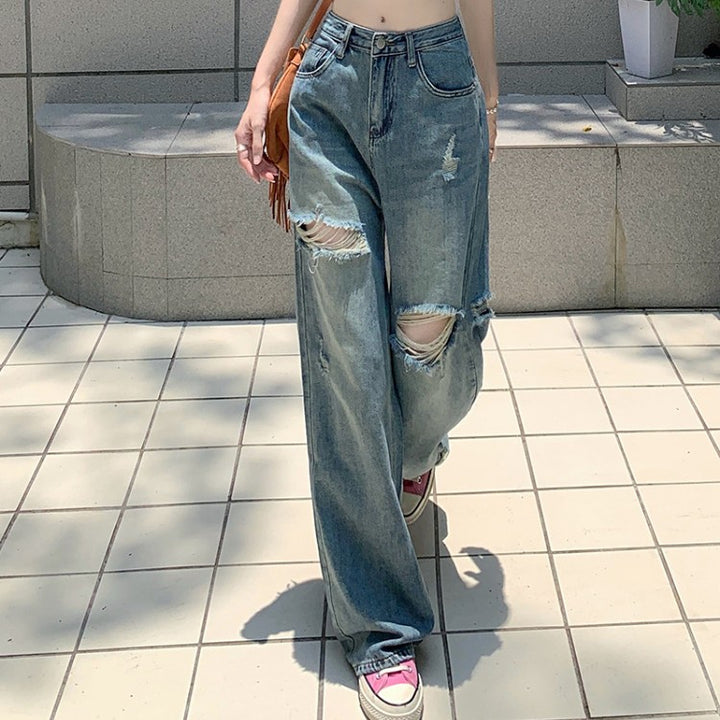 Ripped Jeans Washed Wide-leg Pants