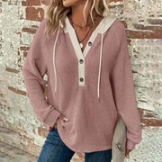 women's waffle hooded button sweatshirt, view 2 - MRSLM