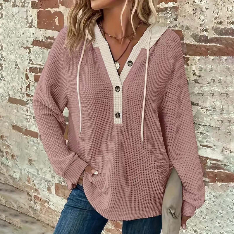 women's waffle hooded button sweatshirt, view 2 - MRSLM