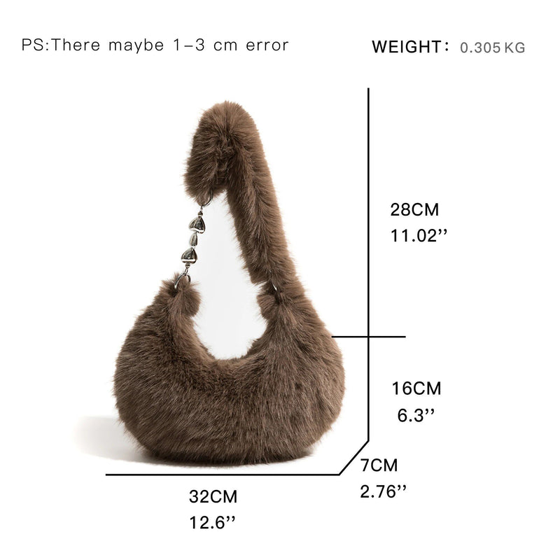 fuzzy faux fur half moon shoulder bag, view 13 - MRSLM