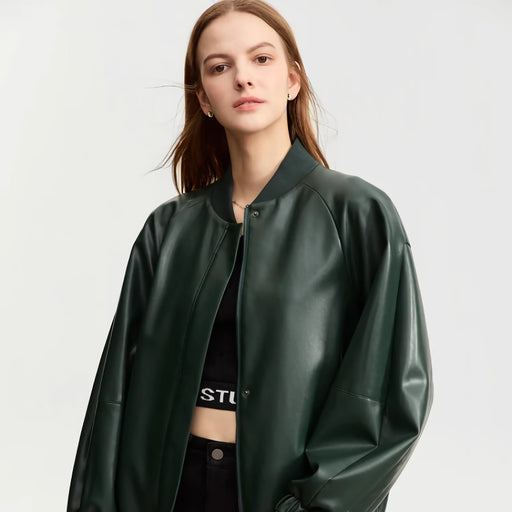 sporty baseball collar pu leather jacket - MRSLM