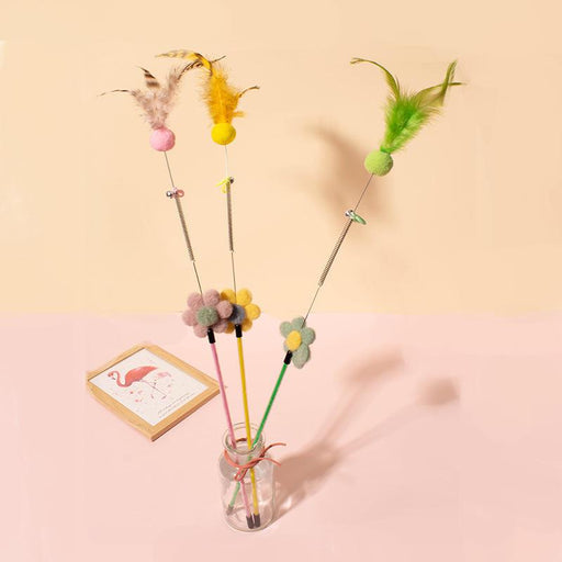 cat teaser toy with furry ball, feathers and bell - MRSLM
