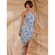 blue floral ruffle dress, view 3 - MRSLM