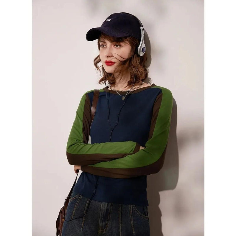 long sleeve round neck contrast color top, view 5 - MRSLM