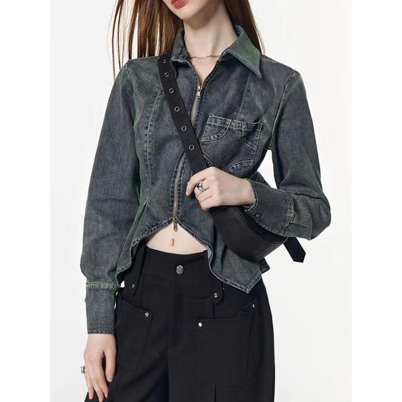Slim denim topcoat with double-layer zipper, view 3 - MRSLM