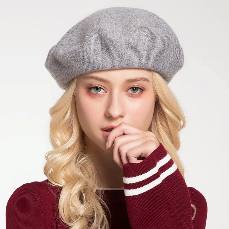 solid wool blend knitted beret, view 6 - MRSLM
