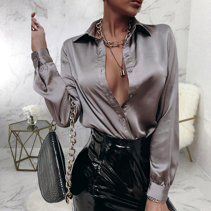 Satin Pleated Long-sleeved Top Casual Loose