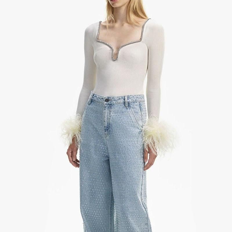 slim fit knitted feather patchwork pullover, view 3 - MRSLM