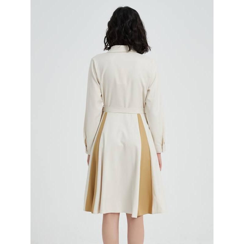 beige a-line long sleeve dress with belt, view 6 - MRSLM
