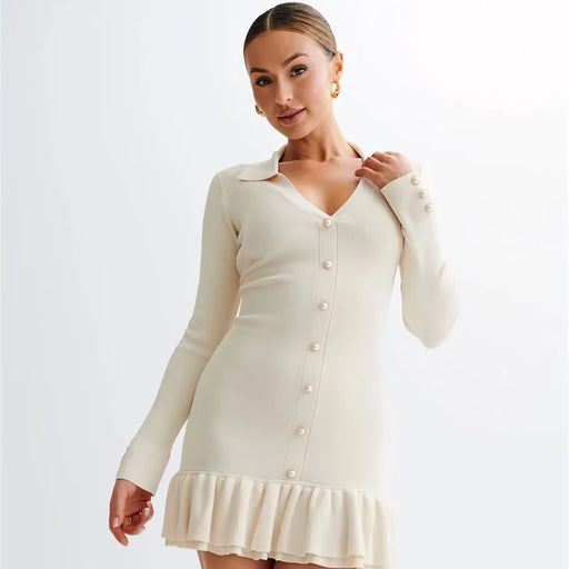 long sleeve ruffled knit mini dress, view 3 - MRSLM