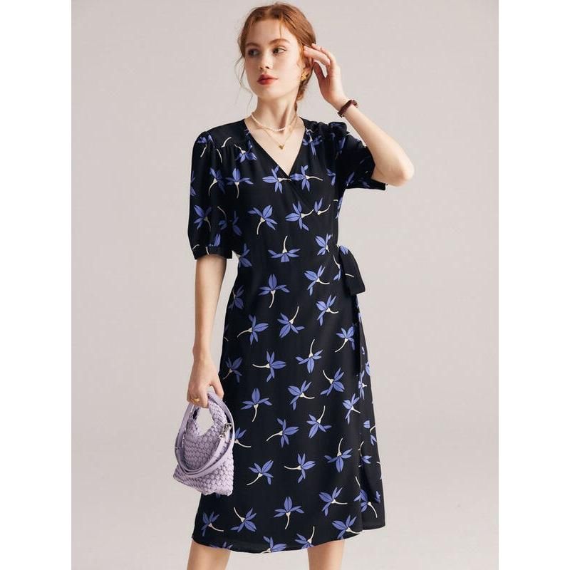 floral silk crepe de chine dress, view 3 - MRSLM