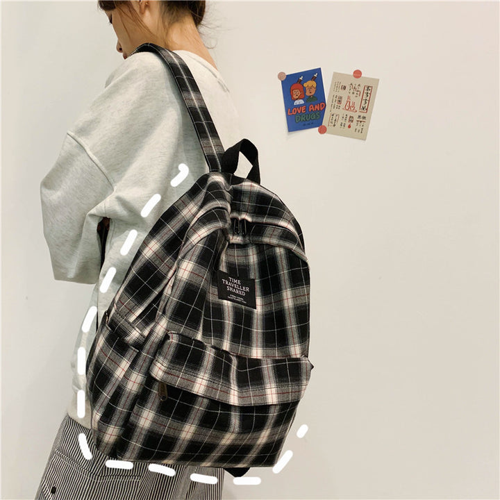 Korean Style Plaid Canvas Casual Schoolbag Simple And Fashionable