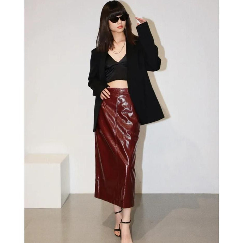reflective pu leather midi skirt, view 6 - MRSLM