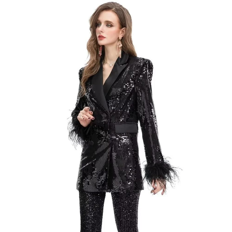 feather sequin double-breasted blazer, view 5 - MRSLM