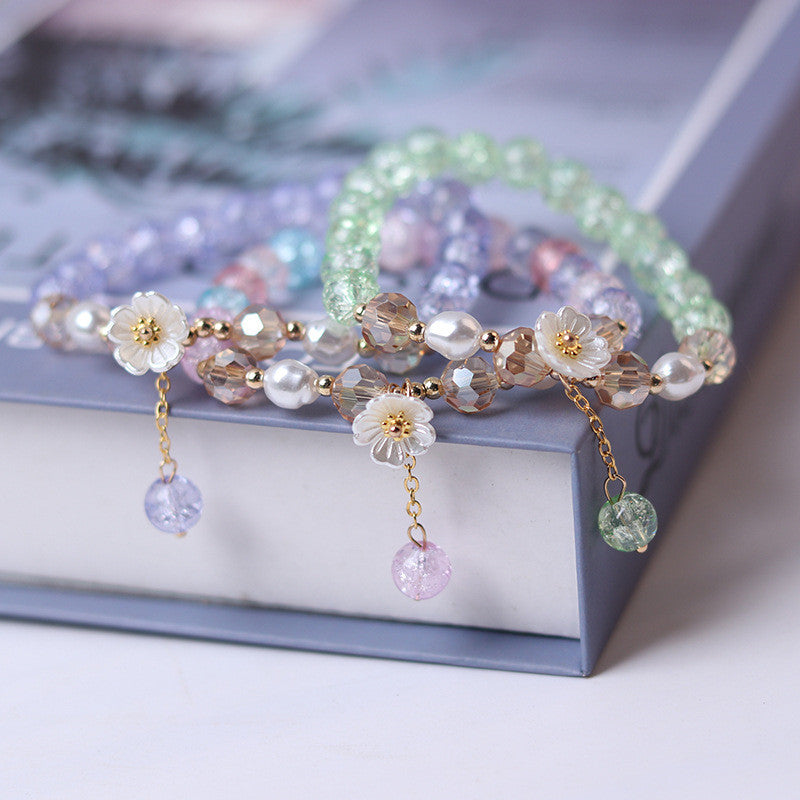 purple beaded white flower bracelet, view 9 - MRSLM