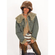Women's vintage denim lambhair jacket, view 4 - MRSLM