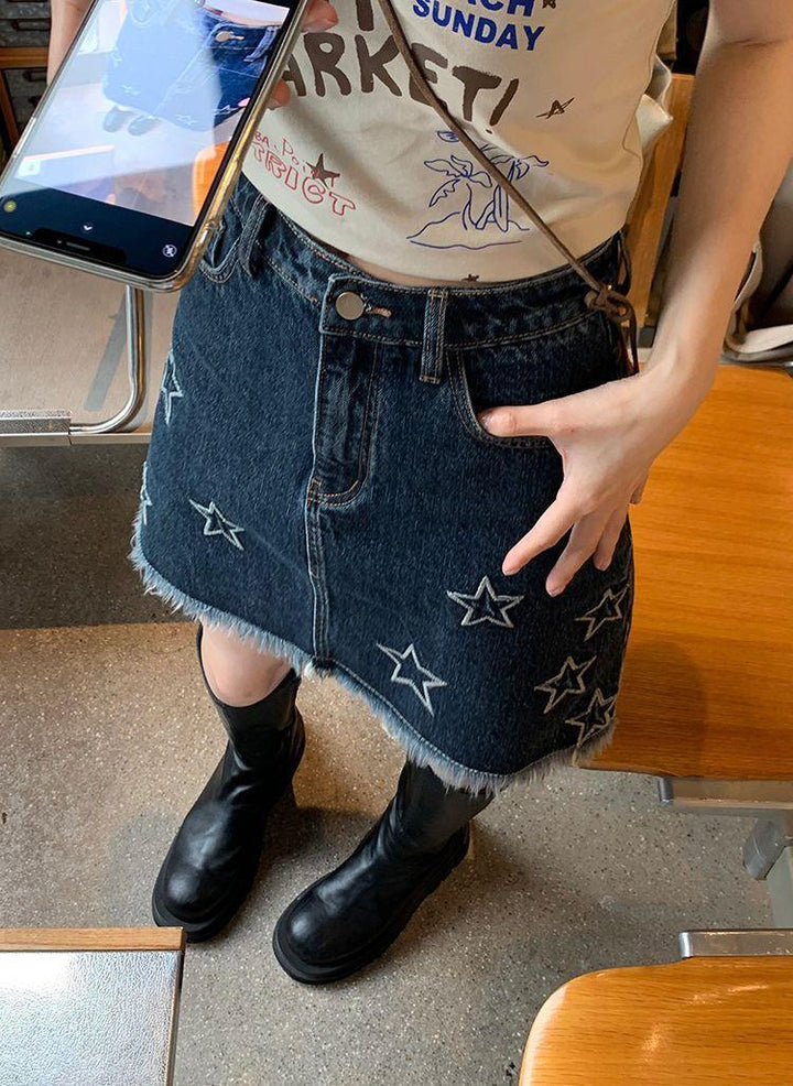 Star Embroidery American Vintage Denim Short Skirt Summer Women's High Waist Spice Girl Half Skirt Bag Hip Skirt