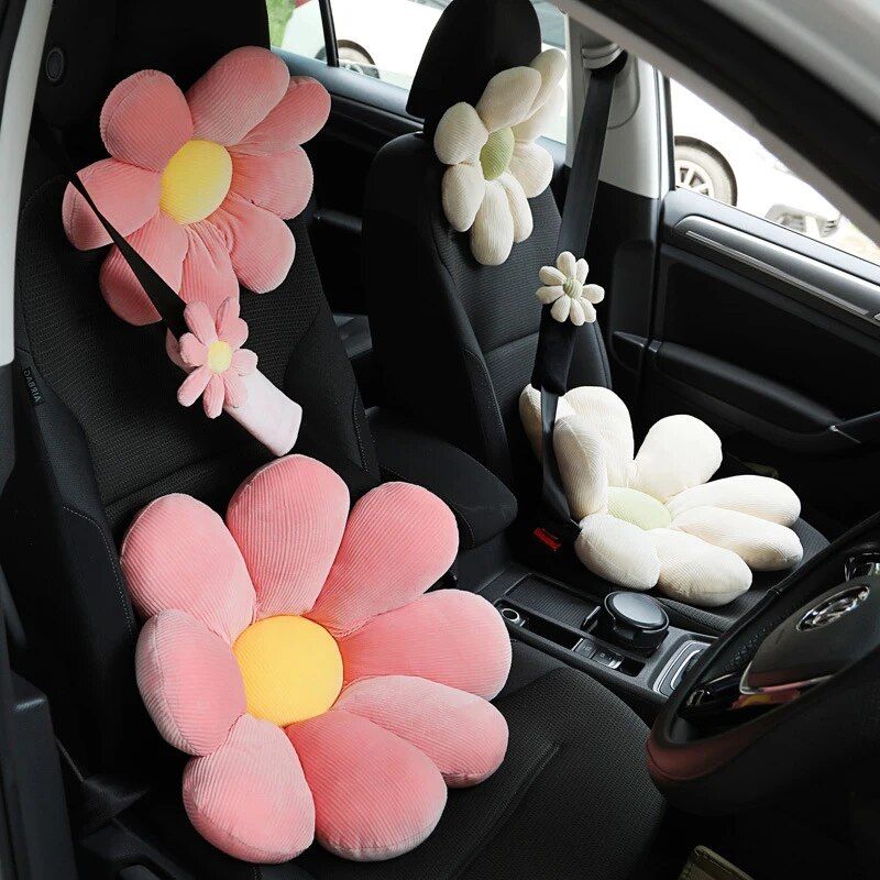 Soft Flower Car Neck & Waist Pillow with Safety Seat Belt Shoulder Pad