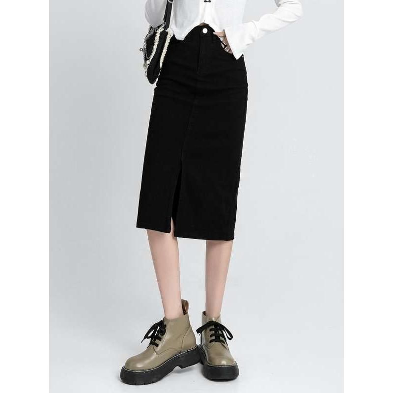 high waist denim pencil skirt, view 2 - MRSLM