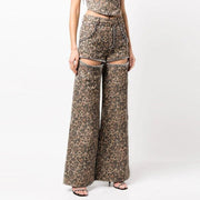 high waist patchwork leopard denim trousers - MRSLM