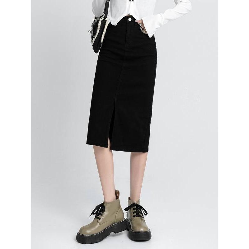 high waist denim pencil skirt, view 8 - MRSLM