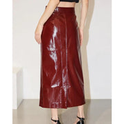 reflective pu leather midi skirt, view 4 - MRSLM