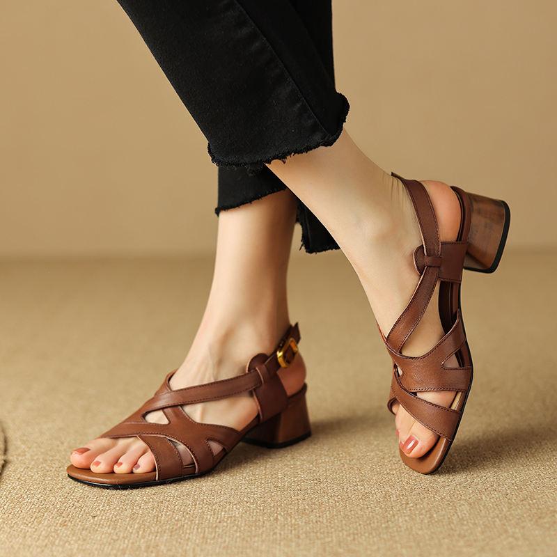 square toe chunky heel leather sandals - MRSLM