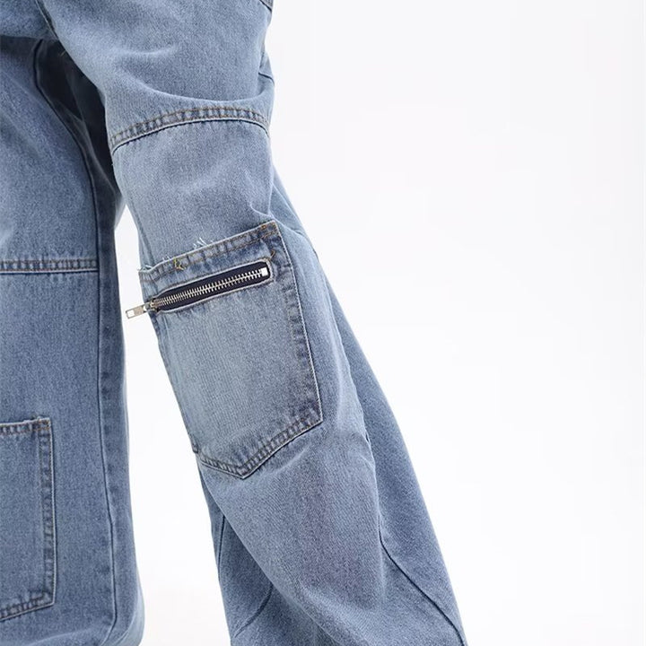 Zipper Multi-pocket Loose High Waist Wide Leg Straight Jeans