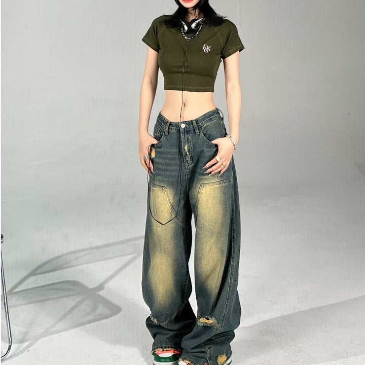 Women's American-style High Street Hip Hop Wide Hole Yellow Mud Dyed Contrast Color Jeans