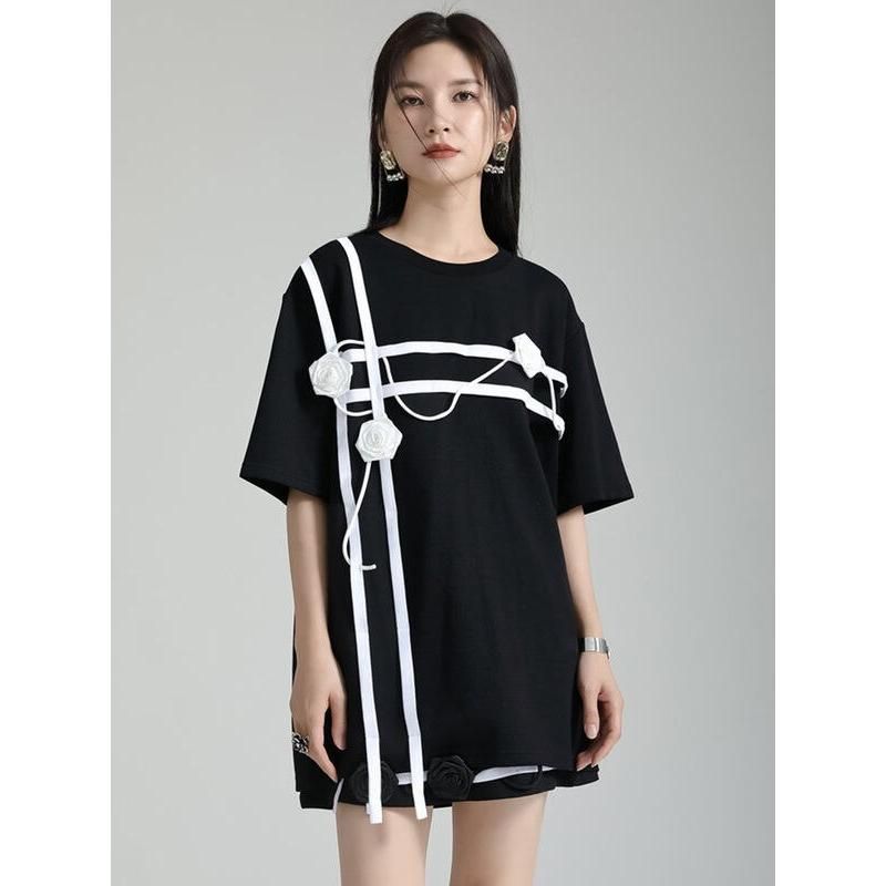 black and white floral half-sleeve T-shirt, view 5 - MRSLM