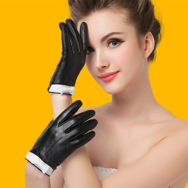 women's sheepskin leather gloves with bow, view 3 - MRSLM