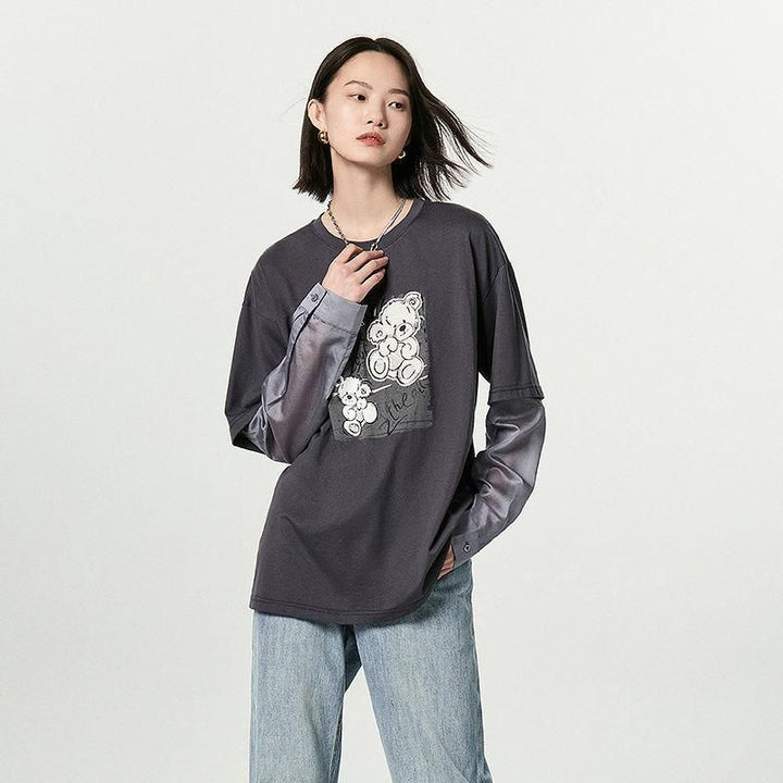 Autumn Bear Print Embroidered Long Sleeve Cotton Tee