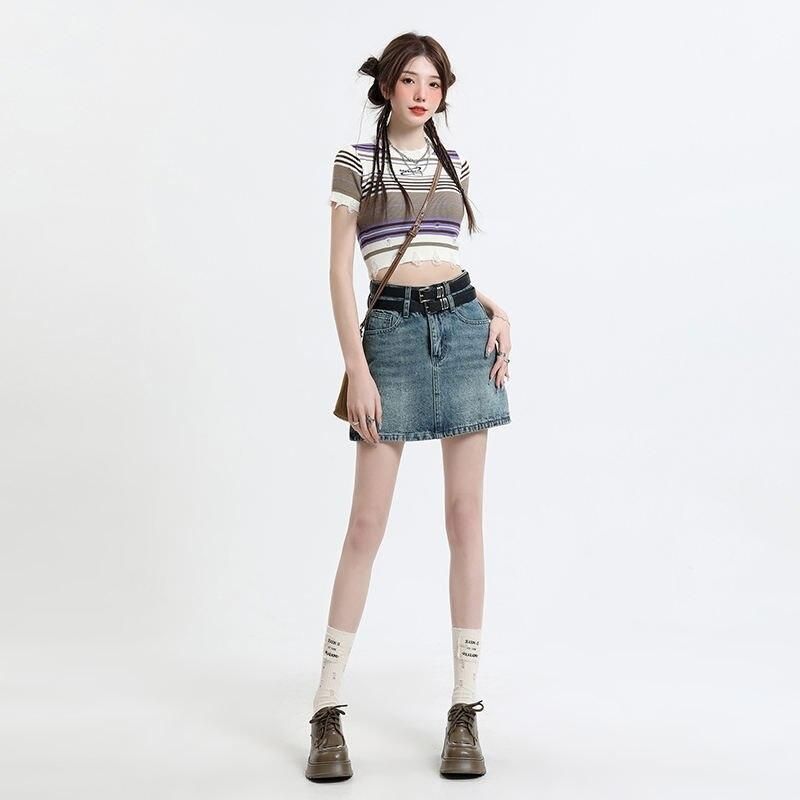 high waist denim mini skirt with belt, view 3 - MRSLM