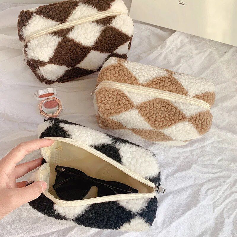 plush plaid barrel makeup bag, view 5 - MRSLM