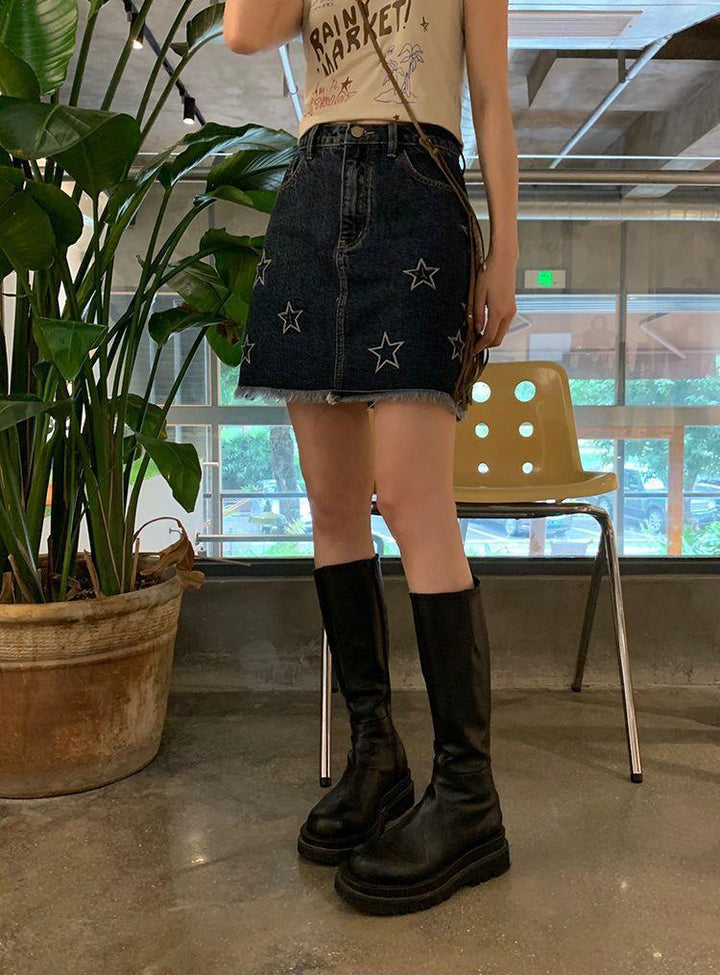 Star Embroidery American Vintage Denim Short Skirt Summer Women's High Waist Spice Girl Half Skirt Bag Hip Skirt