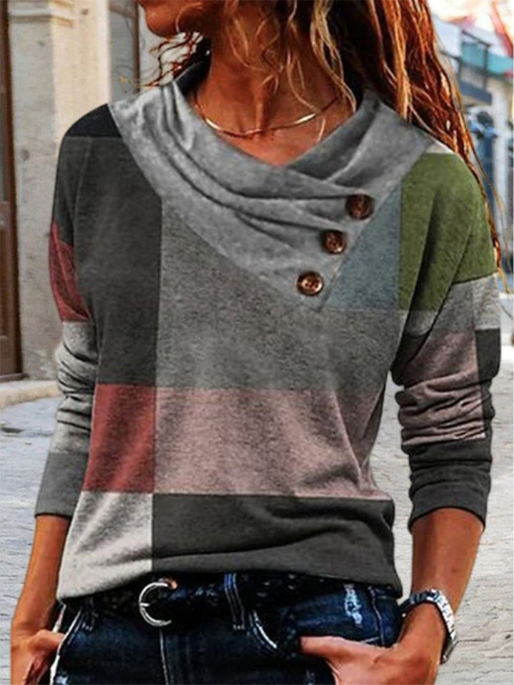 Stripe Positioning Print Button Discount V-Neck Pullover Fashion Autumn Winter Top