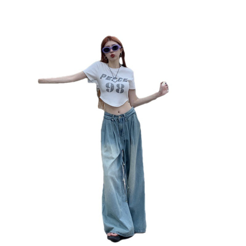 Women's Fashion Water Drawstring Loose Wide Leg Jeans