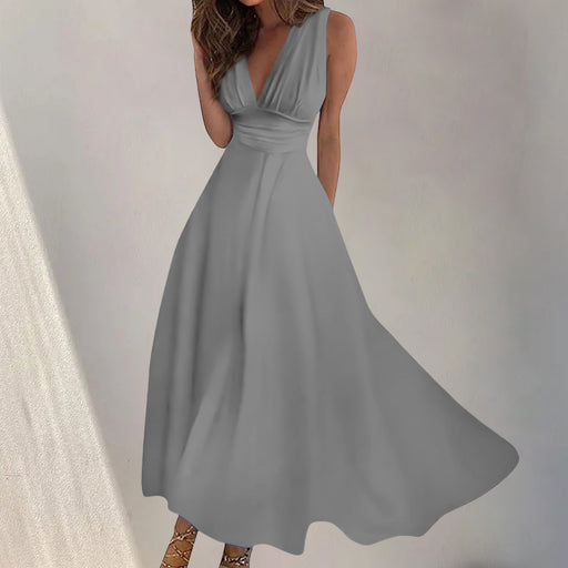 womens digital print v-neck swing long dress - MRSLM