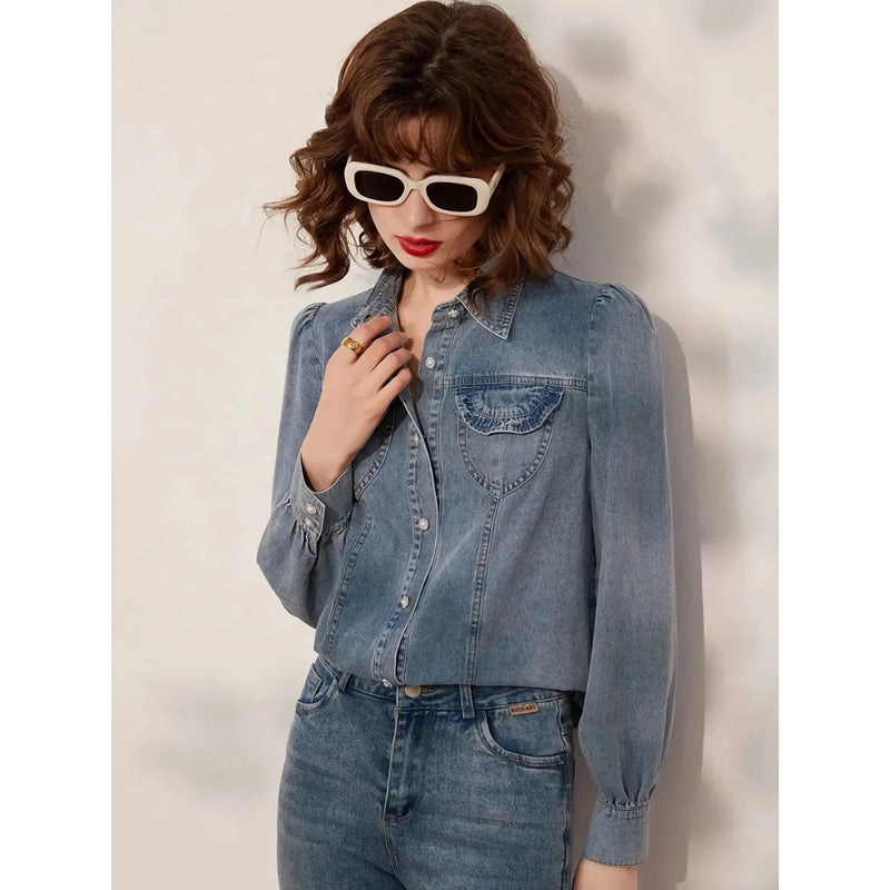 turn-down collar denim blouse, view 5 - MRSLM