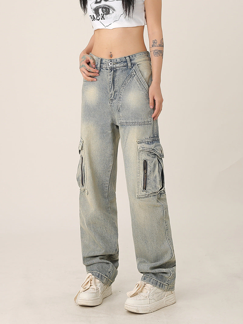 Retro Multi-pocket Workwear Jeans Loose Straight