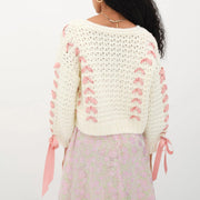 contrast v-neck tie cardigan, view 7 - MRSLM