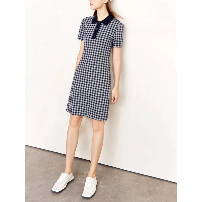 checkerboard slim polo collar dress, view 5 - MRSLM